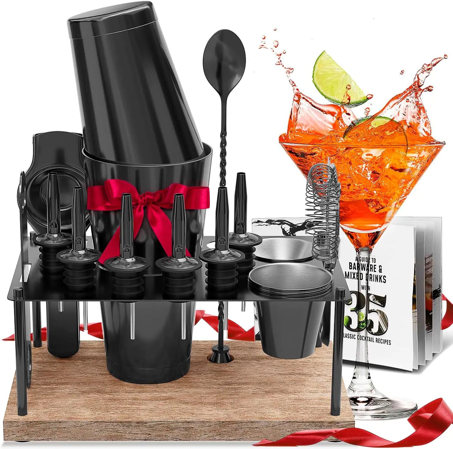 Bar Set Cocktail Shaker Set Bartender Kit 17 Piece Black Cocktail Set Mixology Bartender Kit with Wood Stand Steel Cocktail Kit Bar Accessories: 30oz Martini Shaker Muddler Cocktail Book & More